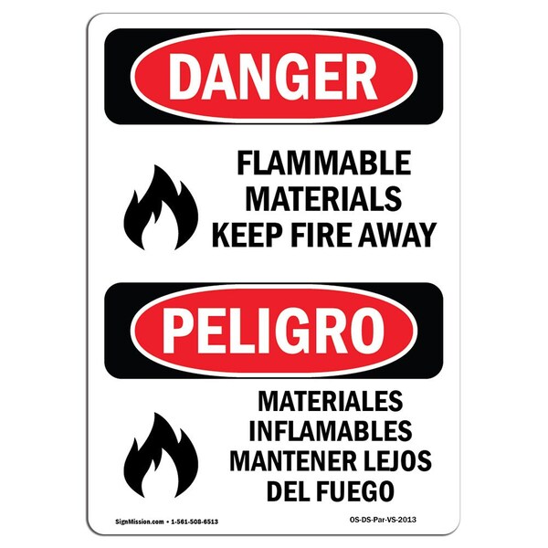 Safety Sign, OSHA, 24" Height, Aluminum, Flammable Material Keep Fire Away, Spanish